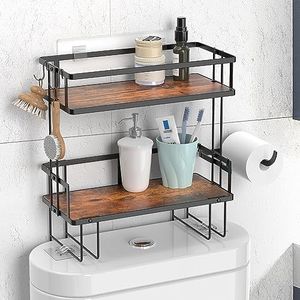 FLOLXNB 2 Tier Bathroom Storage Shelf, Wooden Toilet Shelf Organizer, Over The Toilet Storage Shelf,Toilet Storage Rack with Paper Holder and Hooks, No Drilling Wall Mounted Storage Rack, Black