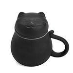 Hanbosym Ceramic Tea Cup with Infuser and Lid(13.5oz), Tea Mug with Cute Cat Design Filter for Steeping Loose Leaf, Gift for Holiday Birthday Warm House. (Black)