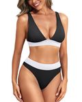 Yonique Thong Bikini Set High Waisted Two Piece Swimsuit High Cut Bikini V Neck Bathing Suit, Black and White, Small