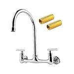 8 Inch Center Wall Mount Faucet, 2-Handles Commercial Kitchen Sink Faucet with 8" Gooseneck Swivel Spout for Utility Sink & Restaurant Industrial Faucet, Chrome Finish