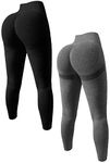 OQQ Women's 2 Piece Butt Lifting Yoga Leggings Workout High Waist Tummy Control Ruched Booty Pants, Black Grey, Large