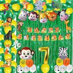 FI - FLICK IN 75 pcs 7th Birthday Party Decoration for Boys Animals Cutouts Banner Foil Balloons 7th Birthday Jungle Theme Decoration Lion King Party Decoration (Pack of 75, Green & Yellow)