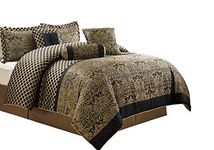 Chezmoi Collection Lisbon 7-Piece Jacquard Floral Comforter Set, Queen, Black/Gold