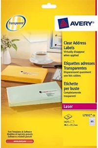 Avery-Zweckform L7551-25 - Etiqueta Transparente Láser 38 1 x 21 2 mm, Caja 65 Etiquetas
