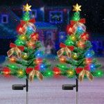 Fohil 2 Pack Solar Christmas Tree Light, 35 Inch Solar Powered Outdoor Christmas Tree Garden Lights with 30 LEDs Bows Stars Ornaments, Waterproof Solar Xmas Tree Stake for Yard Pathway Walkway