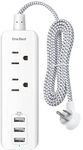 Power Strip Power Bar with 2 Outlets and 3 USB Charging Ports(3.1A, 15W), Desktop Charging Station Surge Protector with 5 ft Braided Extension Cord Indoor, Flat Plug Travel Power Strip