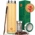 DOUNGURI Bamboo Tea Tumbler Mug with Strainer Infuser - 18 oz Vacuum Insulated Stainless Steel Thermos with Filter for Loose Leaf/Coffee Travel Bottle/Hot and Cold Water/Leak Proof/Gift Ready