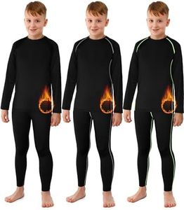 Suhine 3 Sets Thermal Underwear for Kids Boys Girls Winter Base Layer Athletic Compression Fleece for Sport Football, Black, Gray, Fluorescent Green, Medium