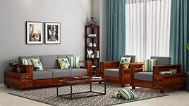 Mamta Furniture Solid Sheesham Wood Sofa Set 5 Seater (3+1+1) with Attached 2 Shelf Drawer Without Small Pillows for Living Room, Bedroom, Office, Hotel & Lounge (Honey Finish)