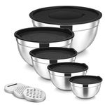 Onader Mixing Bowls Set of 5, Stainless Steel Metal Salad Bowl with Airtight Lids & 3 Graters, Perfect for Baking, Cooking, Prepping Serving, Easy Clean - 0.7/1.2/1.6/2.8/4.6QT (Black)