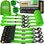 AUGO Ratchet Tie Down Straps –4 PK– 15 FT – 2,200 LB Break Strength – Safety Lock S Hooks –for Moving Cargo, Appliances, Lawn Equipment, Motorcycle – Includes 2 Bungee Cords, 4 Soft Loops, Storage Bag