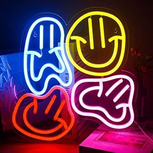 FAXFSIGN Smiley Faces Neon Sign Led Colorful Distorted Happy Faces Neon Light Signs for Wall Decor Usb Light Up Signs for Kids Bedroom Preppy Room Decor Party Decoration Valentine's Day Gifts