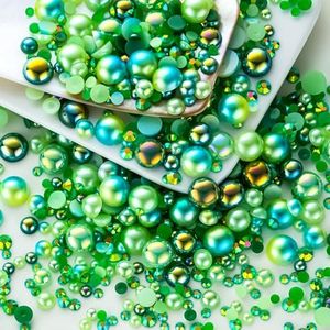 60g Cyan Green St Patricks Day Flat Back Pearls Rhinestones for Crafts Mixed Size 3mm-10mm AB Color Round Half Pearls Flatback Pearl Beads and Resin Rhinestones Set for Face Art with Glue
