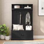 Taylor & Logan Livvie Hall Tree with Double Door Storage Bench, 4 Metal Double Coat Hooks, Dual Upper Storage Cubbies, 40" Wide, Black