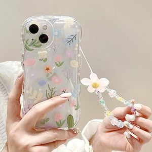 Bakicey Mobile Phone Case for iPhone 13 Case with Pearl Chain Aesthetic Rose Flowers Protective Case Transparent TPU Women Girls Glitter Crystal Case with Cute Chain for iPhone 13, Floral