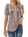 EFFAN Womens Summer Tops Casual V Neck Pleated Puff Short Sleeve T Shirts Flower Print Tunic Blouse Floral Pink L (UK 16-18)