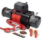 RUGCEL WINCH 13500lb Waterproof Electric Truck Winch 12V Synthetic Rope Jeep Winch with Hawse Fairlead,Wired Handle and 2 Wireless Remote,for Trailer and Wrangler in Car Lift