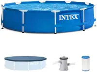 Intex Metal Frame 10ft x 30in Round Above Ground Outdoor Swimming Pool Set with 330 GPH Filter Pump, Cartridge, and Protective Round Pool Cover
