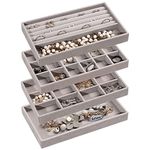 Frebeauty Jewelry Organizer Tray,Stackable Velvet Jewelry Trays,Drawer Inserts Earring Organizer For Women Girls Jewelry Storage Display Case for Rings Stud Necklaces,Set of 4(Grey)