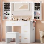 DWVO Vanity Desk Set with Lighted Mirror, Charging Station, and 4 Large Drawers, Makeup Vanity with Comfortable Stool, 3 Light Settings, Hidden Shelves, and Jewelry Foam Inserts