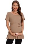 Smallshow Women's Maternity Clothes Tie Front Short Sleeve Pregnancy Tops,Brown,M