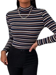 Floerns Women's Mock Turtleneck Long Sleeve Slim Fit Stretch Striped T-Shirts Tunic Tops Fall Fashion Trendy Outfits Clothes Multi Striped L