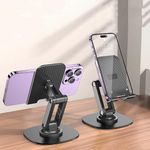 Cell Phone Stand Rotatable Desktop Mobile Phone Pad Stable Phone Bracket Universal Tabletop Phone Holder with Non-slip Mat Foldable Phone Tablet Stand Support Quadrangular Desk Cellphone Holder, Black