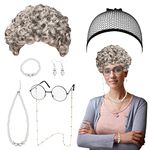 LOOPES Old Lady Cosplay Set Old Lady Fancy Dress With Granny Wig,Wig Cap,Fancy Dress Glasses&Pearl Accessories for Halloween Party Retro Stage Cosplay World Book Day Costume Accessories