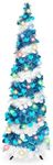 QBA 5FT Pop Up Christmas Tree with 90 Lights, Dual Colored Tinsel Spiral Christmas Tree, Collapsible Pencil Christmas Trees for Home Holiday Fireplace Party, Blue White