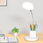 comzler Small Desk Lamp for Kids, LED Desk Lamps with Pen Phone Holder, White Desk Light for Home Office,8W 3 Modes Dimmable LED Desk Light for Kids, Desktop Study Lamps for Bedrooms