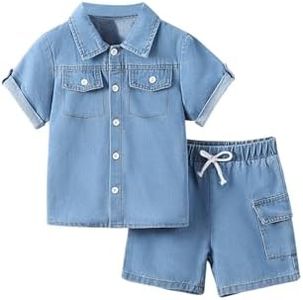 BEAUDRM Boy's 2 Piece Summer Outfits Short Sleeve Collar Button Down Denim Shirt Tops and Shorts Set Light Wash 5Y