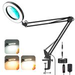 5X Magnifying Glass with Light and Clamp, Adjustable Metal Swing Arm Magnifying Desk Lamp, Stepless Dimming, 3 Color Modes, Memory Function, LED Lighted Magnifier Light for Reading/Crafts/Close Work