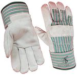 HAND SAFETY Premium Grey Split Cowhide Leather Palm Work Gloves With Cotton Blended Green Striped Back and Rubberized safety Cuff, Ideal for Construction Work, Gardening Work, Animal handling, HS-100