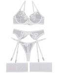 Aranmei Lingerie Set for Women 4 Piece Lingerie Set with Floral Embroidered Lace Sheer Underwire Bra with G-String Thigh Bands with Garter Belt Lingerie Set, White, M