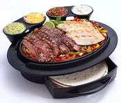 The Fajita Butler!! Patented Tortilla Drawer, repositionable Condiment Holders, high Temp Base (500 Degrees), Cast Iron Skillet & (4) Stainless Steel ramekins. Restaurant Size and Quality.