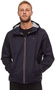 Tommy Hilfiger Men's Lightweight Active Water Resistant Hooded Rain Jacket, Navy, Large