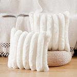 Madizz Plush Faux Fur Throw Pillow Covers 14x14 inch, 35x35 cm Cream White Set of 2 Fluffy Striped Soft Decorative Cushion Cover for Sofa Bedroom Pillow Shell