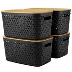 Plastic Storage Bins with Bamboo Lids Set of 4 - Pantry Organization and Storage Containers Storage Baskets - Stackable Storage Bins for Shelves Drawers Desktop Closet Playroom Classroom Office