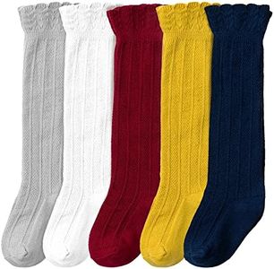 CozyWay Knee High Socks Newborn Infants Toddlers Girls 5 Pack Tube Ruffled Uniform Long Stockings, 1-3 years old