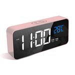 LATEC Digital Alarm Clock with Big LED Temperature Display, Bedside Clock with 13 Alarm Sounds USB Charging Port 4 Levels Adjustable Brightness Dimmer Snooze Portable Mirror Alarm with Dual Alarm Pink