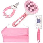 Belle Vous Pink All-in-One Pet Grooming Set - Self-Cleaning Shedding Brush, Nail Clippers, Bath Bag and Lint Roller for Long/Short-Haired Cats or Dogs