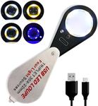 Rechargeable 30x Jewelers loupe with Light and Four Types of Light, 22mm Triplet Lens Pocket Foldable Eye Loop Magnifier Jewelry Coins Magnifying Glass for Gemstone, Diamond, Stamps, Watches, Plants