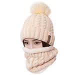 LCZTN Womens Pom Beanie Hat Scarf Set Girls Winter Ski Hat Slouchy Knit Cap with Fleece Lined (Beige)