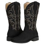 SheSole Women’s Fashion Western Cowgirl Cowboy Mid Calf Square Toe Embroidery Riding Boots Distressed Black US Size 8