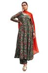 Janasya Indian Women's Bottle Green Georgette Digital Floral Printed Kurta with Palazzo and Dupatta