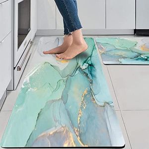 TOMWISH Turquoise Teal Marble Kitchen Mats Anti Fatigue Kitchen Mat Set 2 Pcs Ink Abstract Non Skid Waterproof Kitchen Rugs and Runner Sets Cushioned Kitchen Floor Mat Carpet 17.3"X29"+17.3"X47"