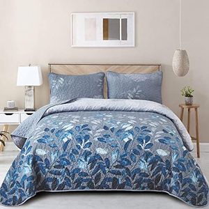 WONGS BEDDING Blue Quilt Set Queen Size,3 Pieces Navy Floral Bedspread Coverlet Set,Soft Microfiber Lightweight Bedding 90''x96''