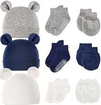 Pimoys 3 Sets Newborn Hat, Cotton Baby Hat Boys Baby Beanie Bear Ear Infant Hat New Years Gift for 0-6 Months Baby Boys (Hat, Mittens,Socks) Blue