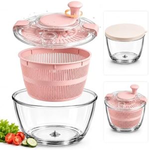 High Borosilicate Glass Salad Spinner with Microwave Safe Bowl | 5.2 Quart Large Lettuce Vegetable Washer Dryer | Easy Pump Dehydrator for Fruits Greens | Durable Easy Clean Food Prep Tool (Pink)