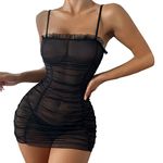 School Girl Outfit Women Sexy, Sales Today Clearance Women Ruched Frill Trim Sheer Mesh Dress Slips with Thong Pants Mini Casual Tops Dress See Through Christmas Costumes Black